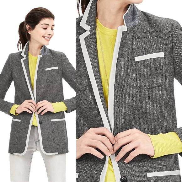 Banana Republic • Piped Grey Hack ing Jacket blazer two tone wool tweed long - Picture 5 of 12